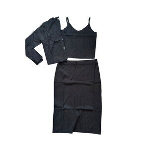 3 Piece Black Midi Skirt Set Tank Top Long Sleeve Cardigan Ribbed Comfy 3XL